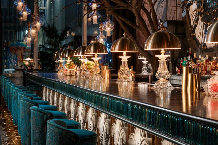 The long bar counter with domed brass lamps and a backlit bottle display